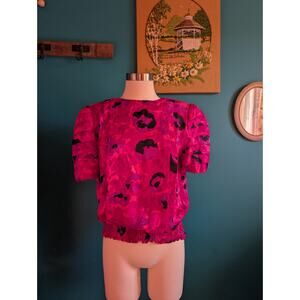 Women's Vintage 80s Flora Kung Silk Floral Blouse size small medium pink neon